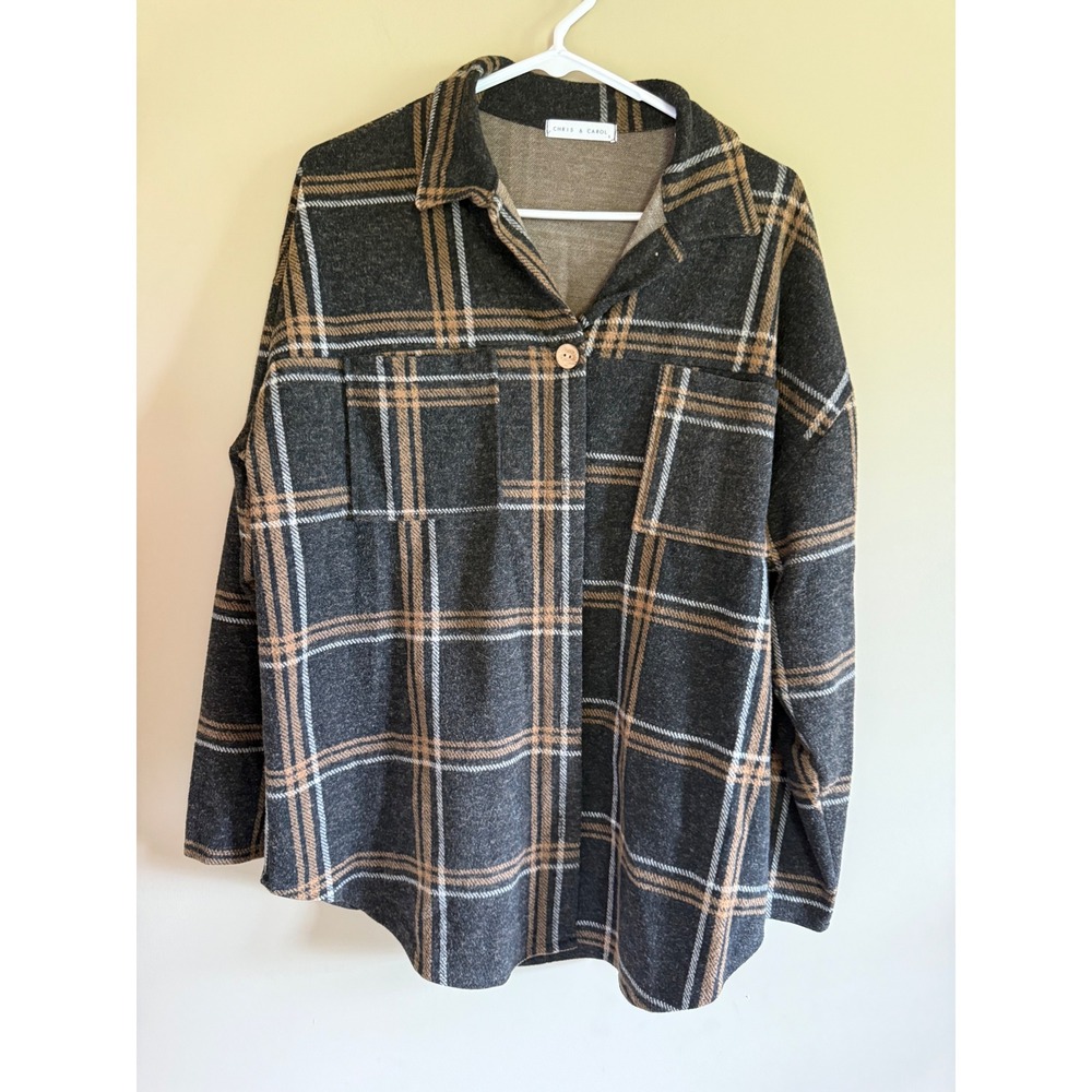 Chris & Carol Plaid Shacket Womens Small Charcoal Grey Tan Oversized Jacket